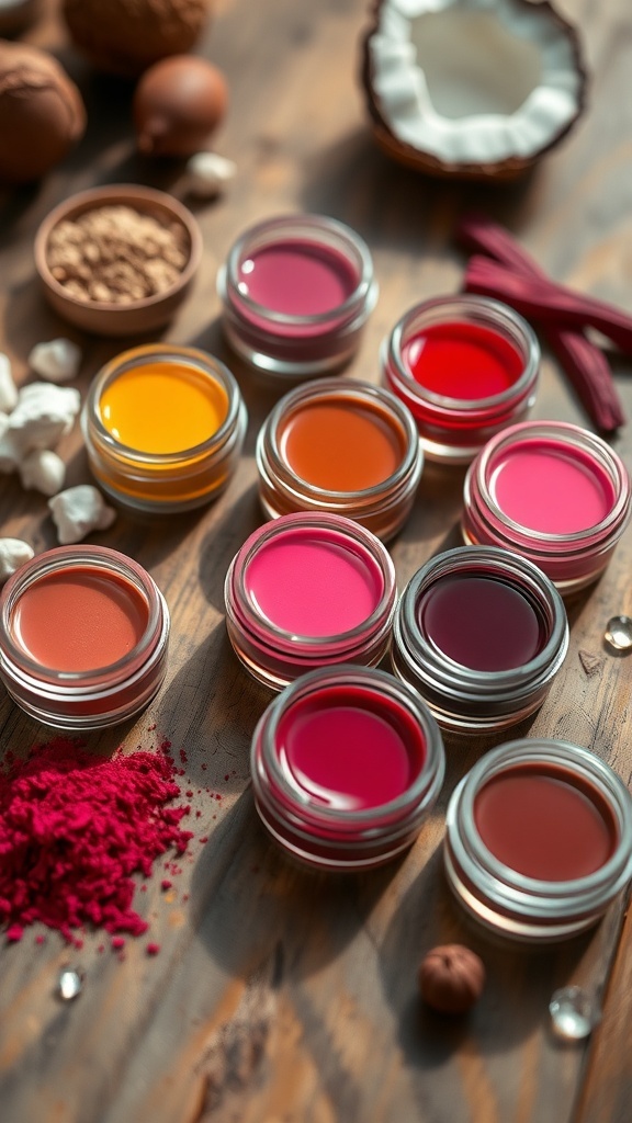 Homemade Toast Lip Tint Recipe Small containers of homemade lip tints in pink and brown shades on a wooden surface with natural ingredients.